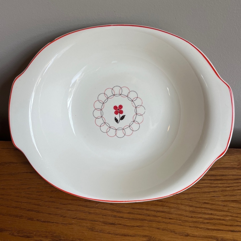 Vintage MCM Calico by Salem Serving Dish 7.5"x9.5" Red Black Floral Cottage READ